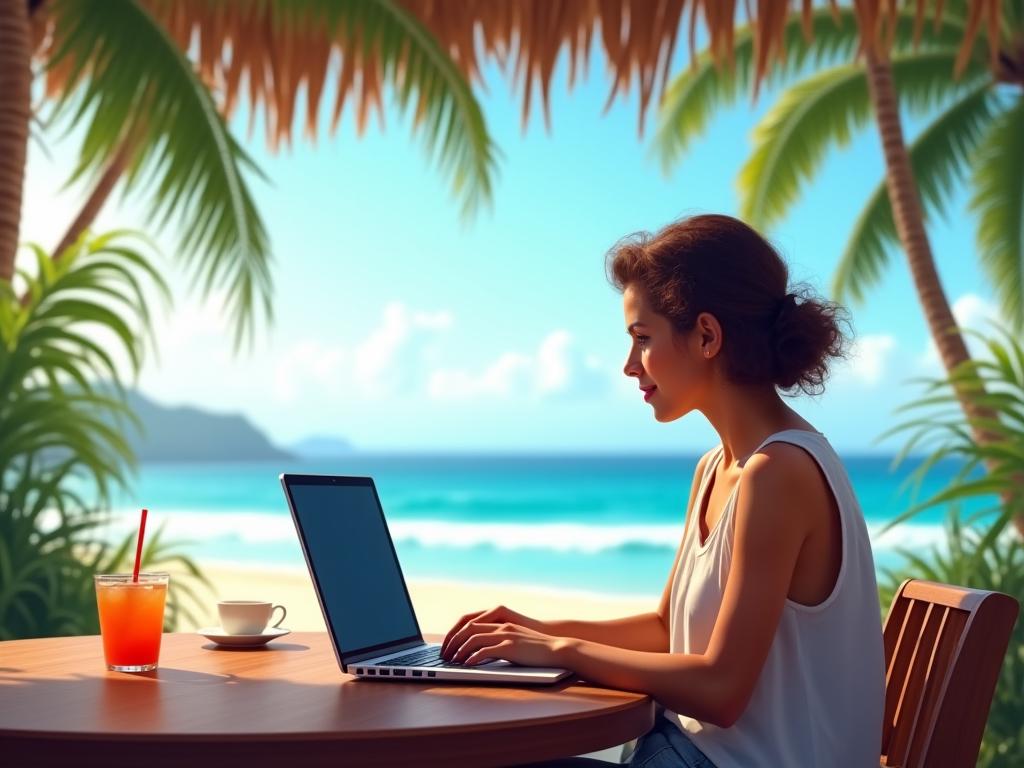 Digital nomad working from tropical beachside cafe