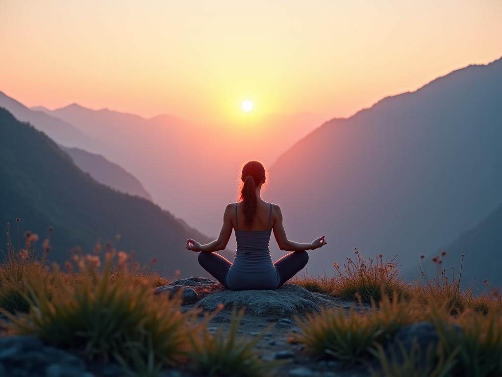 Peaceful yoga session at sunrise in tranquil mountain setting